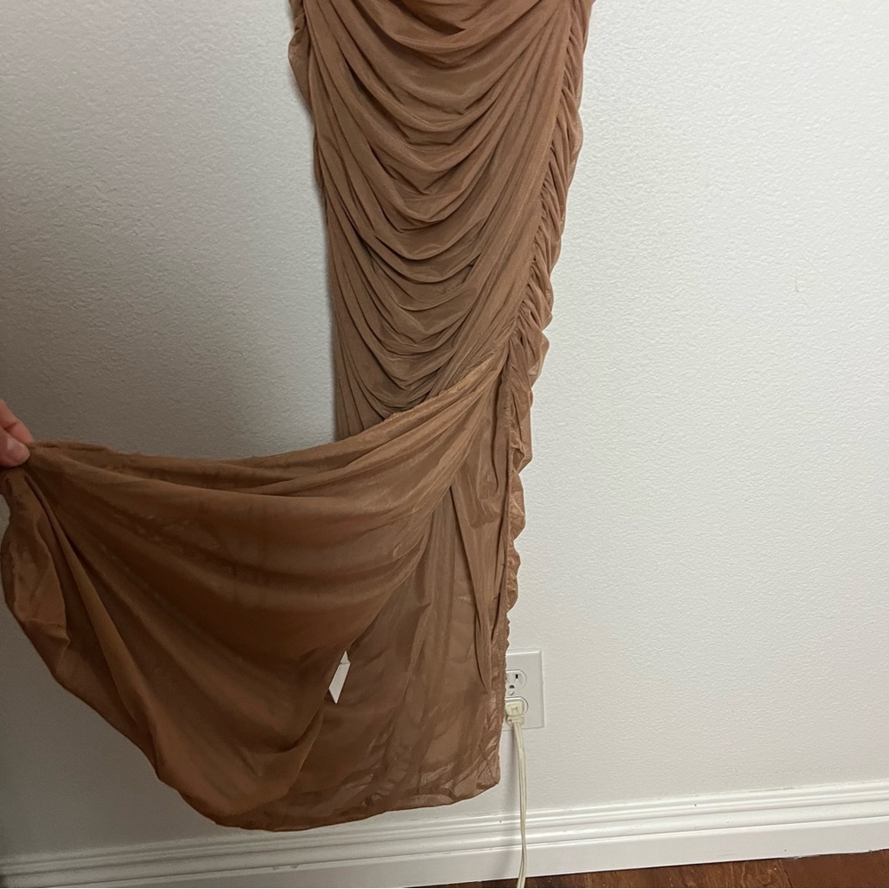 House of CB Fornarina Organza Mesh Ruched Maxi Dress Tan Size Small - Picture 7 of 12